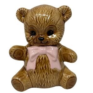 Vintage 80s Ceramic Teddy Bear Coin Bank Pink Bow 6" Nursery Decor